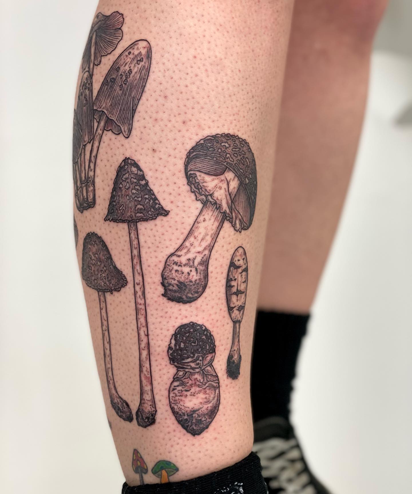 Tatuaje de becerro con setas.