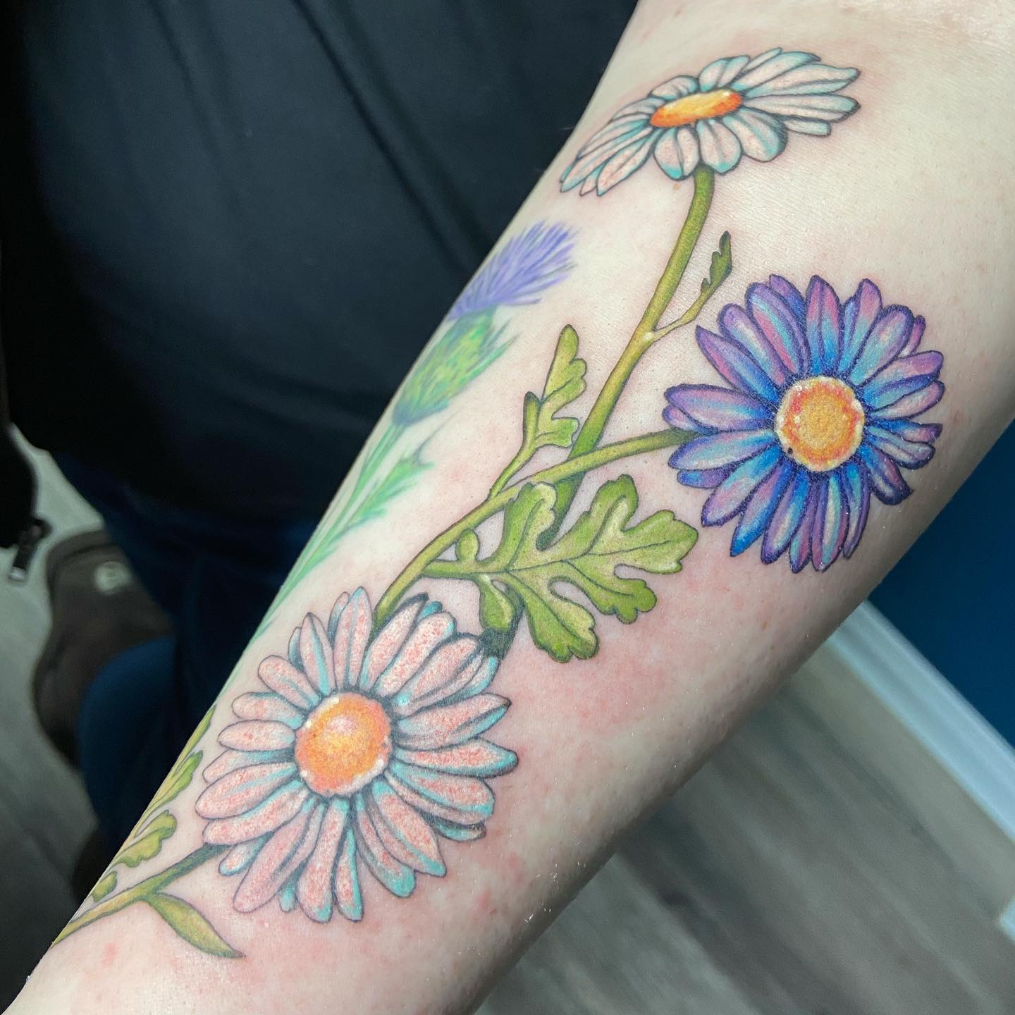 Impresión de tatuaje de margarita colorida.