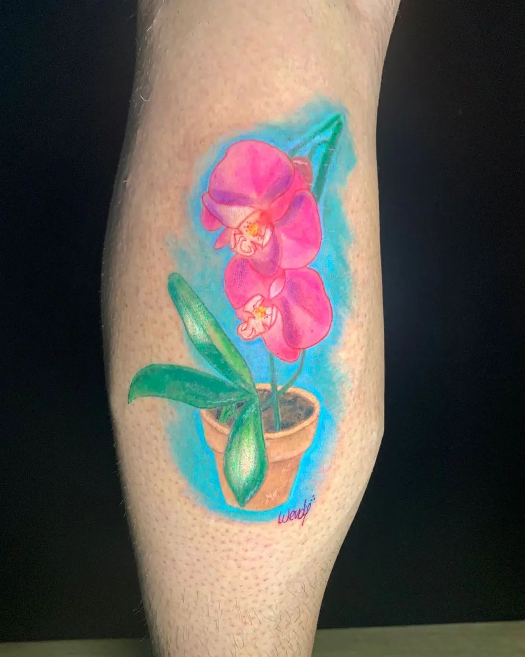 Pierna y Pantorrilla Tatuaje de OrquÃdea Colorido