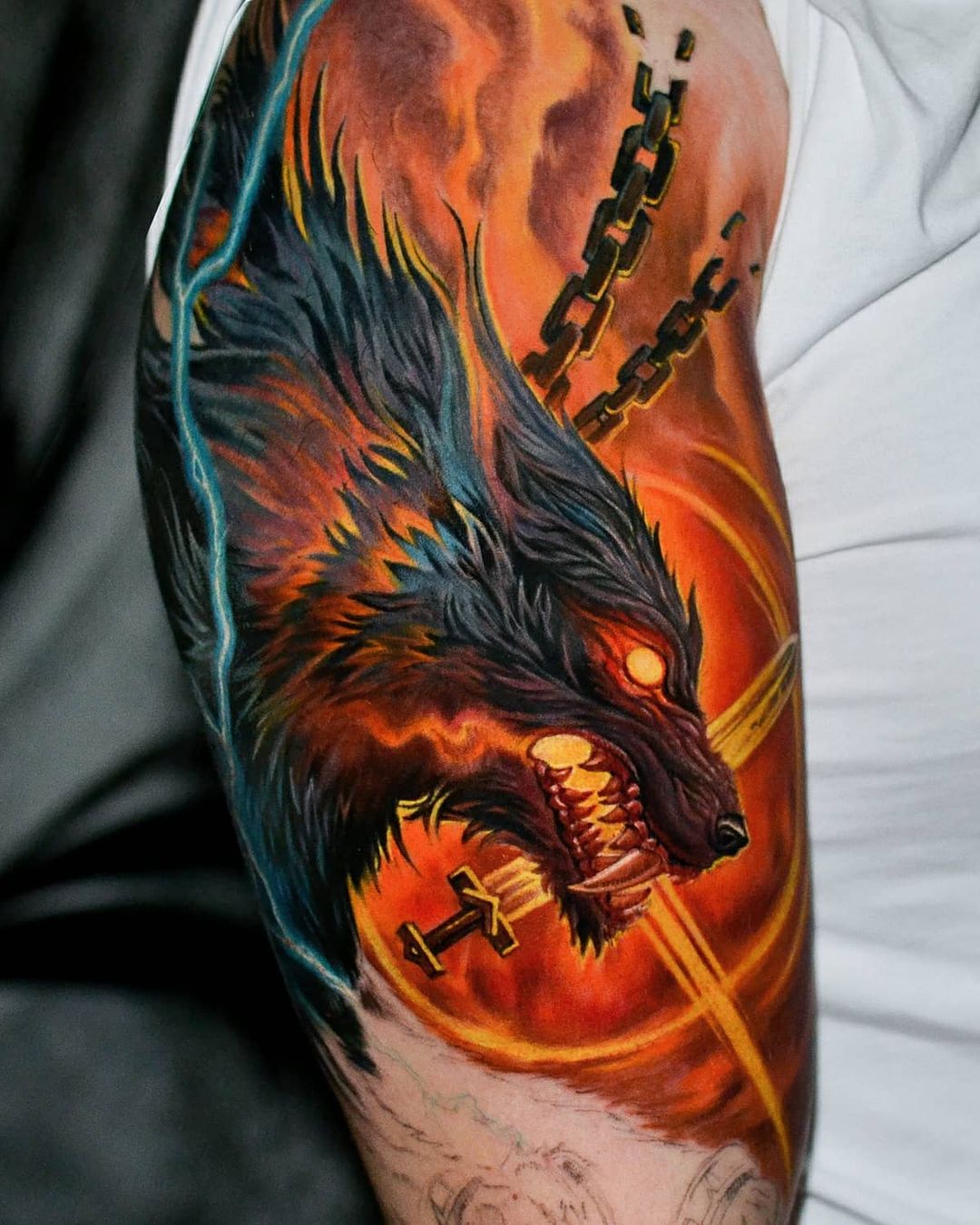 Hombro Manga Colorida Tatuaje de Fenrir