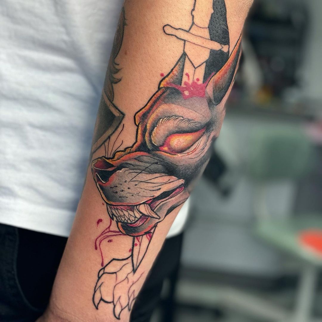 Tatuaje colorido de Fenrir
