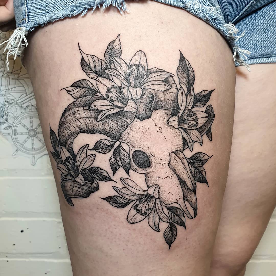 Diseño de tatuaje de Muslo con Calavera Aterradora