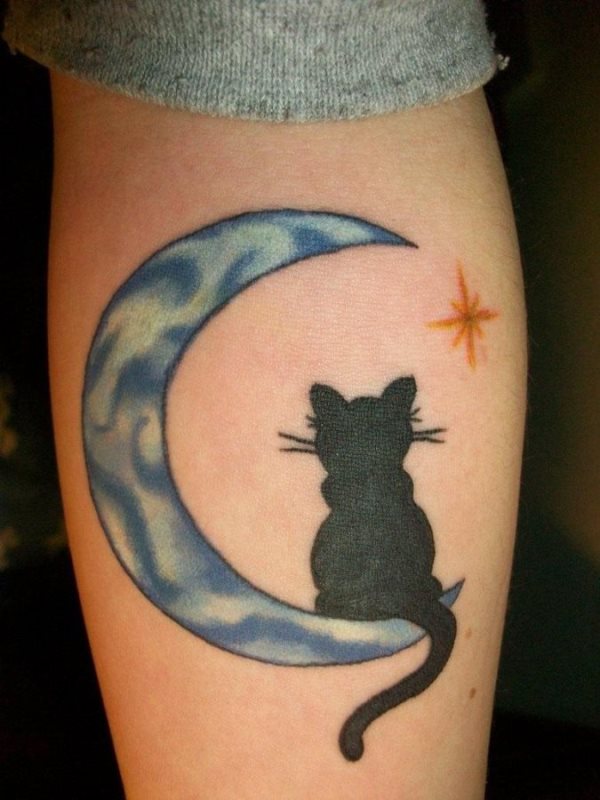 Diseo de la silueta de un gato en tonos negros apoyado en una luna en tonos azules y con una estrella en tonos amarillos Diseo de la silueta de un gato en tonos negros apoyado en una luna en tonos azules y con una estrella en tonos amarillos