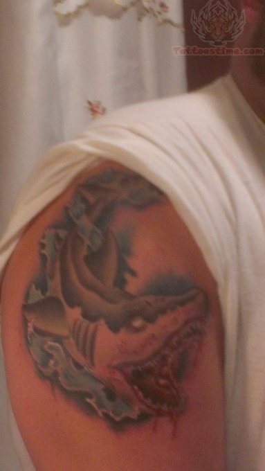 Otro tattoo de un tiburn con la boca abierta derramando sangre tatuado en el brazo Otro tattoo de un tiburn con la boca abierta derramando sangre tatuado en el brazo
