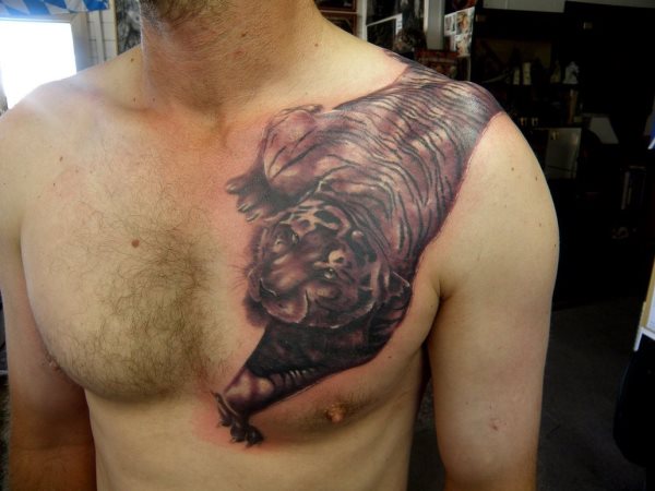 Bonito diseo de un tigre que sale del hombro de este chico Bonito diseo de un tigre que sale del hombro de este chico