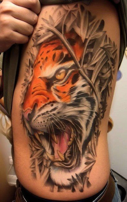 Excelentemente hecho este tatuaje en el costado de la cabeza de un tigre enfadado mostrando sus colmillos Excelentemente hecho este tatuaje en el costado de la cabeza de un tigre enfadado mostrando sus colmillos
