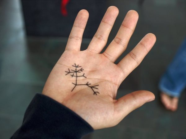 En la palma de la mano, lo que parece ser un rbol o unas ramas En la palma de la mano, lo que parece ser un rbol o unas ramas