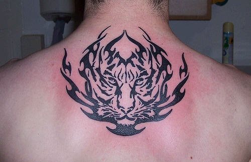 La cabeza de un tigre de estilo tribal tatuada en la parte alta de la espalda La cabeza de un tigre de estilo tribal tatuada en la parte alta de la espalda