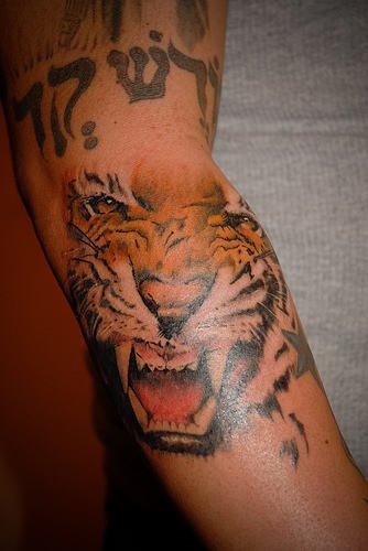 El rostro enfurecido de un tigre tatuado en el antebrazo El rostro enfurecido de un tigre tatuado en el antebrazo