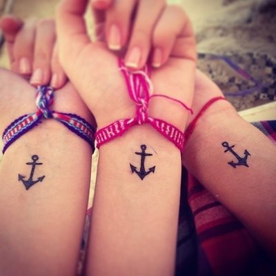 Estas tres amigas comparte el diseo de un ancla en sus muecas Estas tres amigas comparte el diseo de un ancla en sus muecas