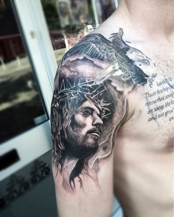 tatuaje jesus brazo para hombre 53