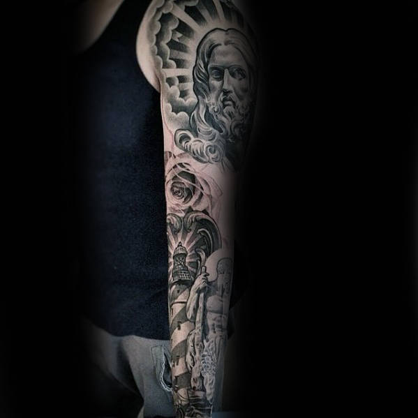 tatuaje jesus brazo para hombre 54