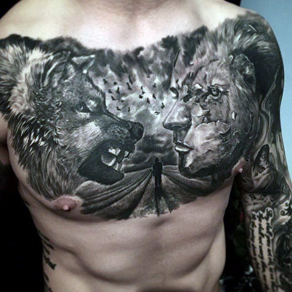 tatuaje lobo realista para hombre 12