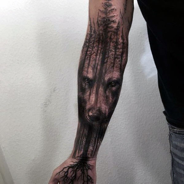 tatuaje lobo realista para hombre 17