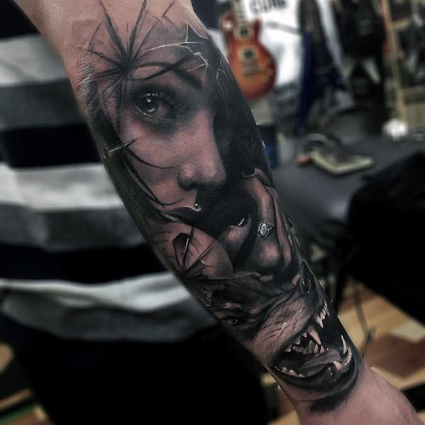 tatuaje lobo realista para hombre 47