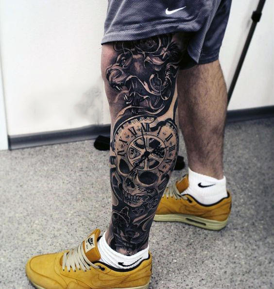 tatuaje leon pierna para hombre 01