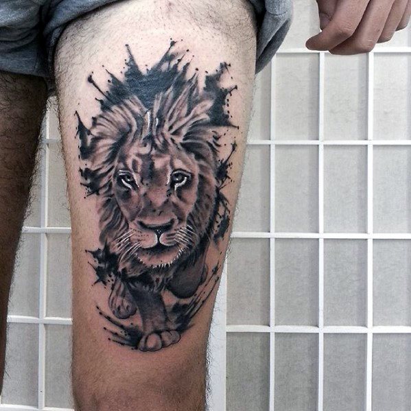 tatuaje leon pierna para hombre 14