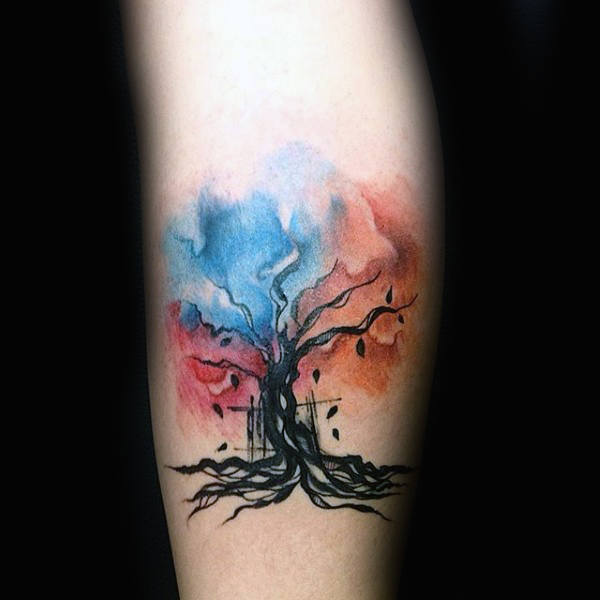 tatuaje acuarela arbol para hombre 01