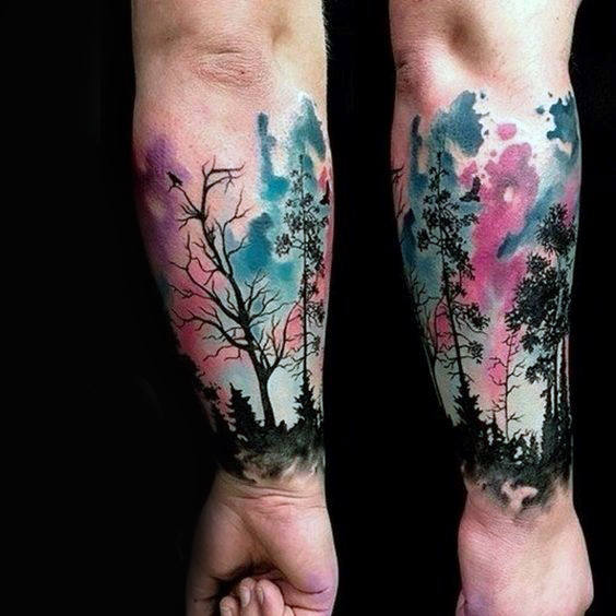 tatuaje acuarela arbol para hombre 04