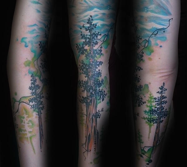tatuaje acuarela arbol para hombre 37