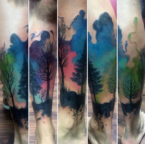tatuaje acuarela arbol para hombre 39