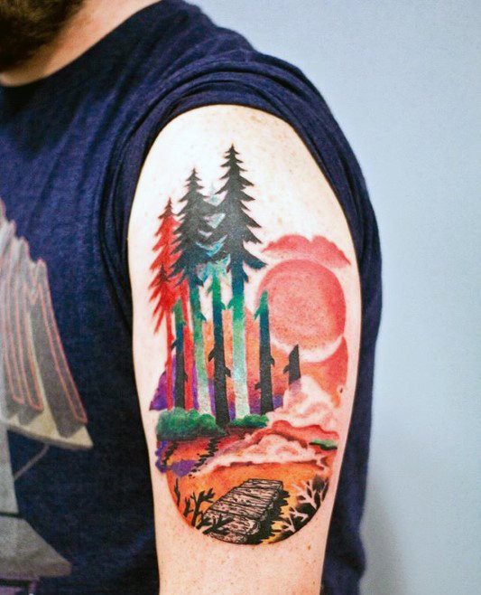 tatuaje acuarela arbol para hombre 40