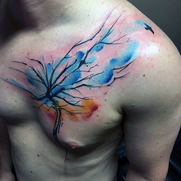 tatuaje acuarela arbol para hombre 44