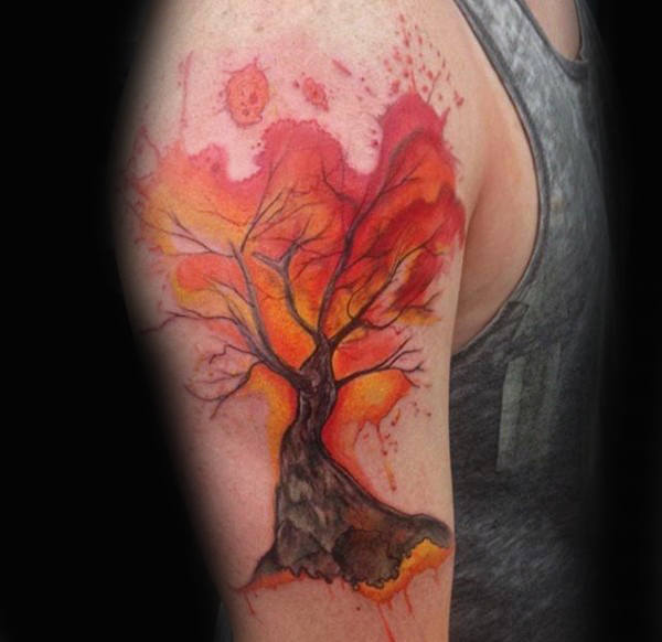 tatuaje acuarela arbol para hombre 46