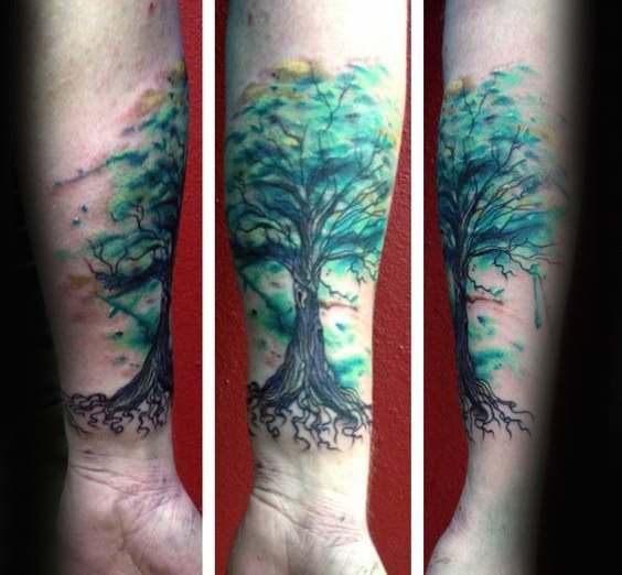 tatuaje acuarela arbol para hombre 47