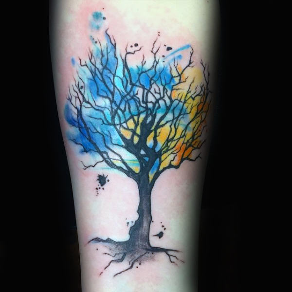 tatuaje acuarela arbol para hombre 58