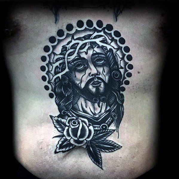 tatuaje clasico jesus para hombre 46