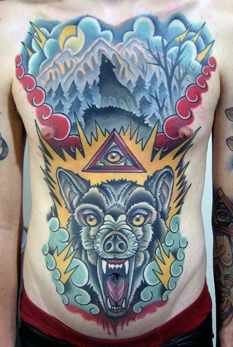 tatuaje lobo pecho para hombre 02