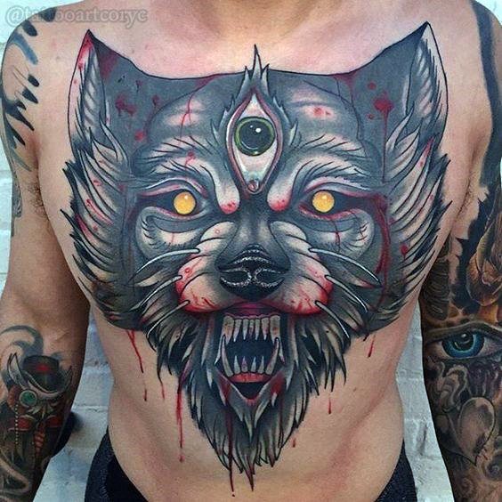 tatuaje lobo pecho para hombre 04