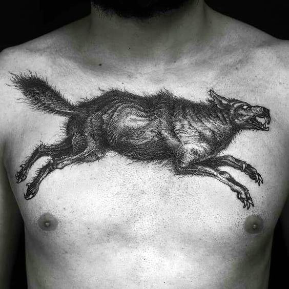 tatuaje lobo pecho para hombre 15