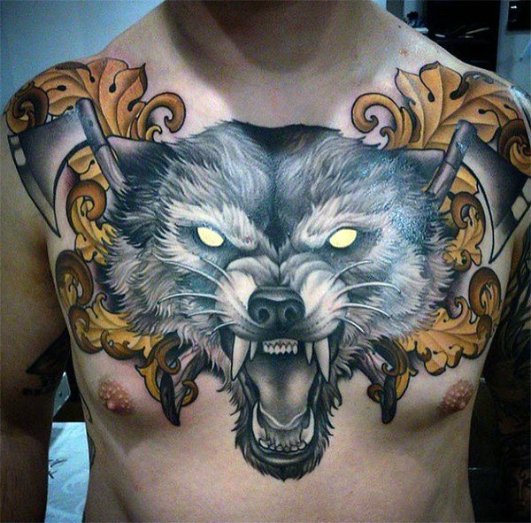 tatuaje lobo pecho para hombre 22