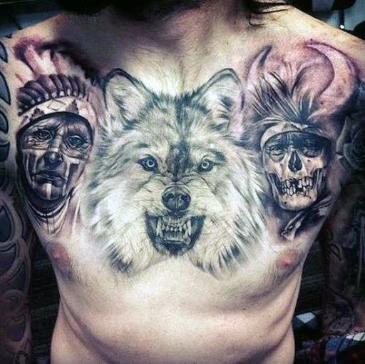 tatuaje lobo pecho para hombre 28