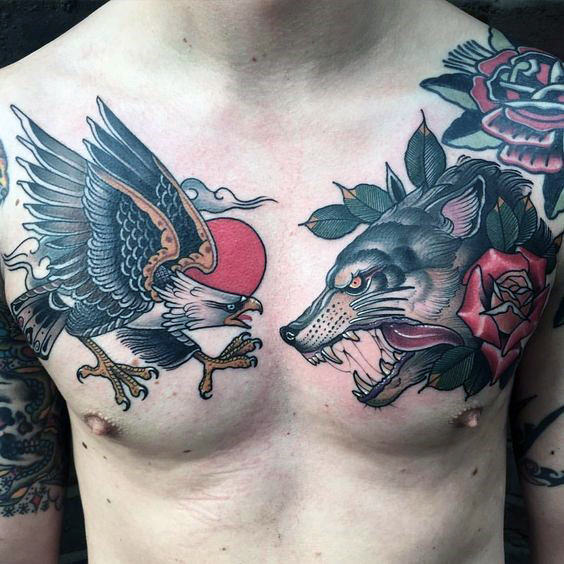 tatuaje lobo pecho para hombre 29