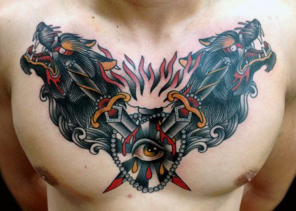 tatuaje lobo pecho para hombre 32