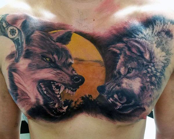 tatuaje lobo pecho para hombre 33