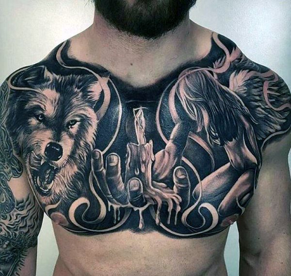 tatuaje lobo pecho para hombre 36