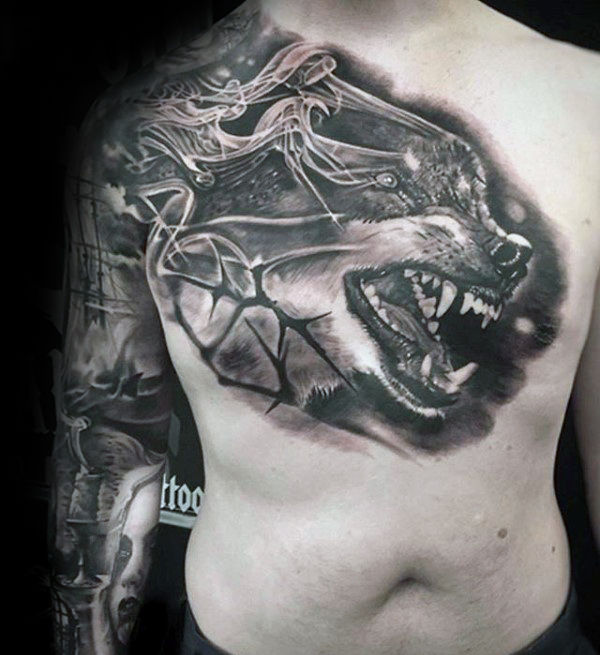 tatuaje lobo pecho para hombre 38