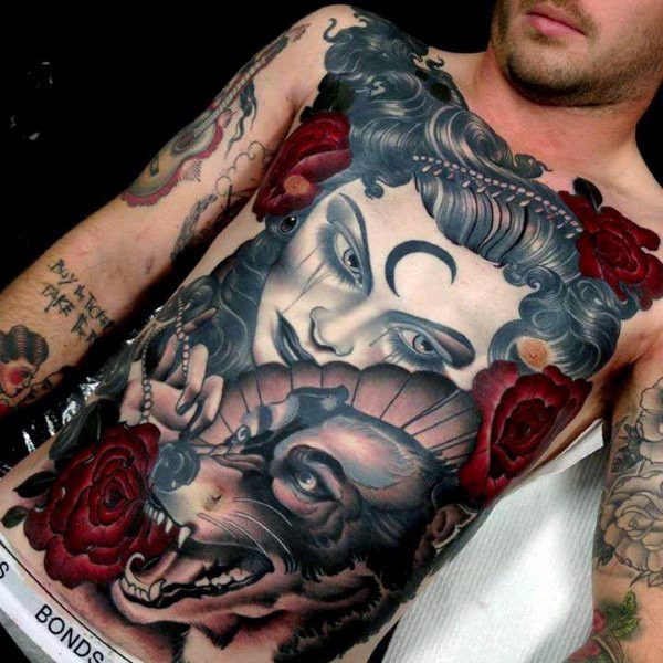 tatuaje lobo pecho para hombre 39