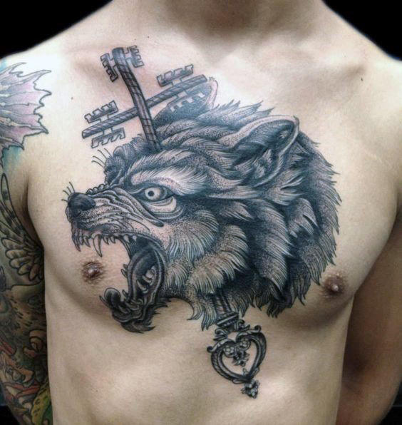 tatuaje lobo pecho para hombre 41