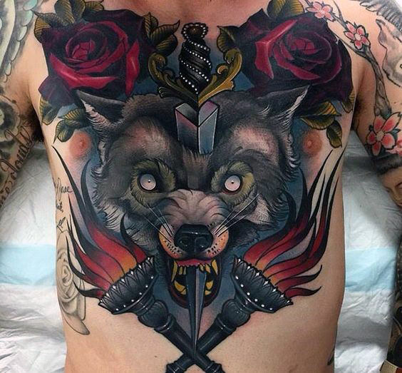 tatuaje lobo pecho para hombre 42