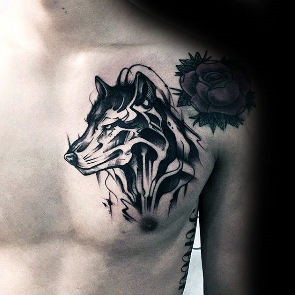 tatuaje lobo pecho para hombre 44