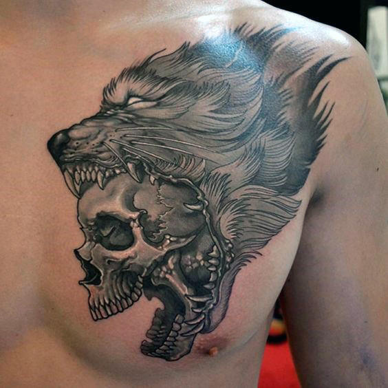 tatuaje lobo pecho para hombre 47